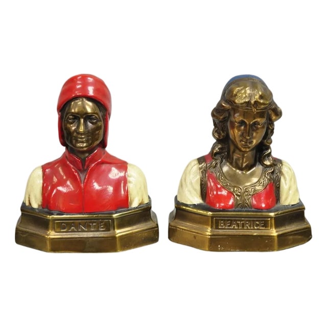 Antique Dante & Beatrice Painted Figural Bronze Bust Bookends - A Pair For Sale