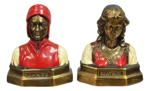 Antique Dante & Beatrice Painted Figural Bronze Bust Bookends - A Pair