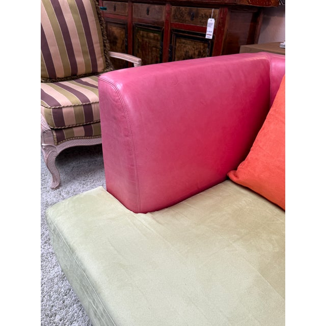 Celery Micro-Suede + Rose Pink Leather Chair + Ottoman For Sale - Image 4 of 12