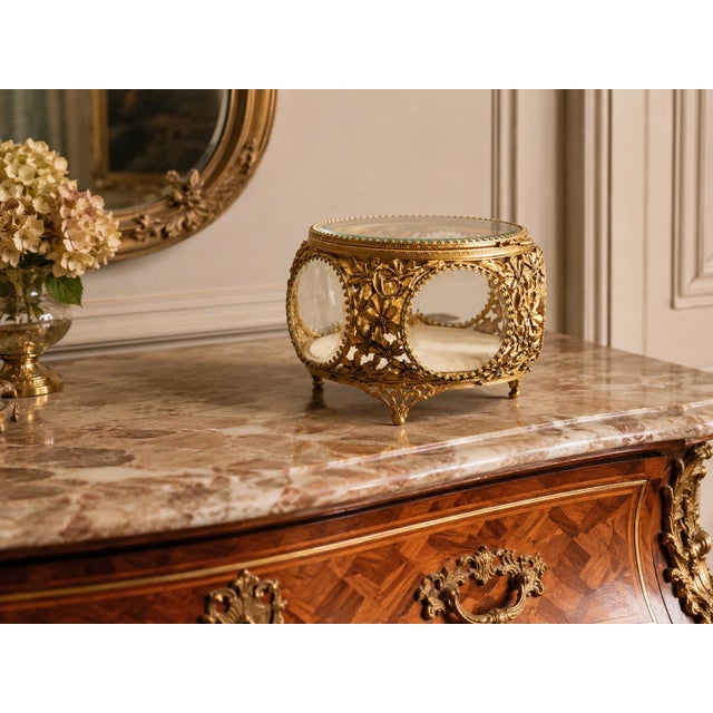 A gorgeous antique French gilt brass ormolu beveled glass footed jewelry casket or dresser box with hinged lid and lovely...
