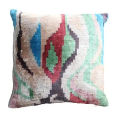 Beige Contemporary Velvet Ikat Bohemian Throw Pillow For Sale - Image 8 of 8