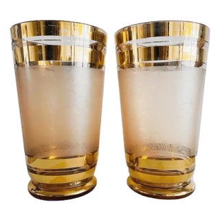 Art Deco Gold-Plated Pink Glass Vases from De Rupel, 1930s, Set of 2 For Sale