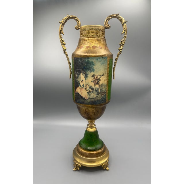Vintage Neoclassical Green and Gold Figural Pedestal Urn With Ornate Handles For Sale - Image 4 of 6
