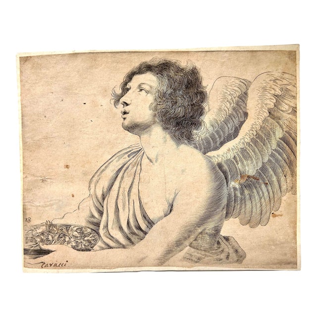 Mid 18th Century Italian Engraving of Angel, Signed Cavalli For Sale