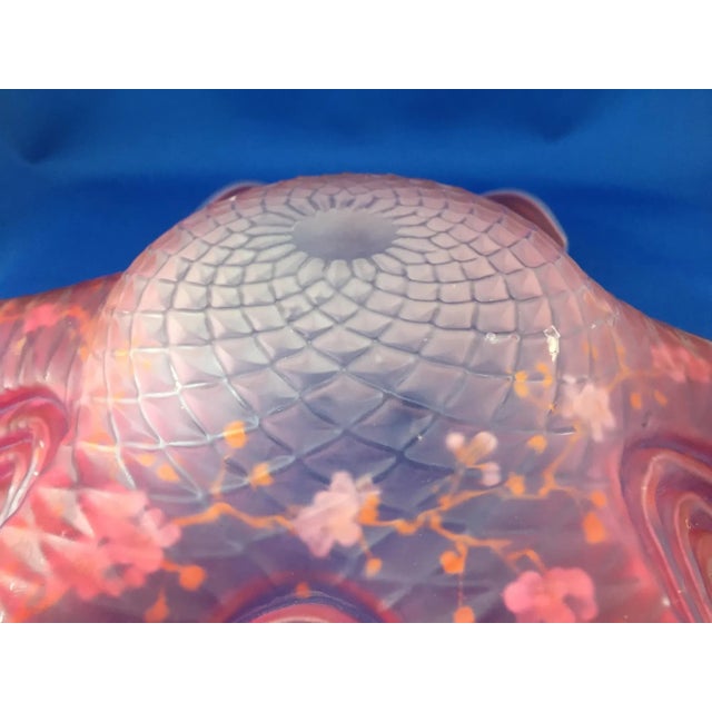Late 19th Century Bohemian Victorian Art Glass Pink Cranberry Satin Glass Bride's Bowl with Diamond Optic Quilting Enameled Flowers For Sale - Image 12 of 13