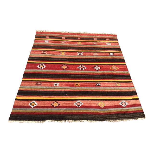 1960s Vintage Striped Turkish Kilim Rug - 71" X 80" For Sale