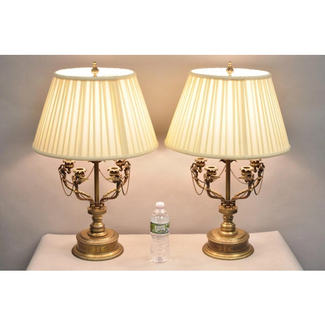 Vintage French Regency Style Brass Swans Candelabra Table Lamps with Pleated Shades- a Pair. Circa Late 20th Century....