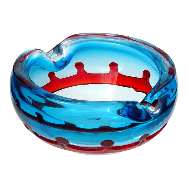 Fratelli Toso Murano Blue With Red Crown Decor Flower Millefiori Center Italian Vintage Art Glass Bowl Ashtray For Sale