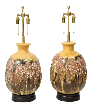 Extra Large Italian Volcanic Glazed Ceramic Lamps - a Pair