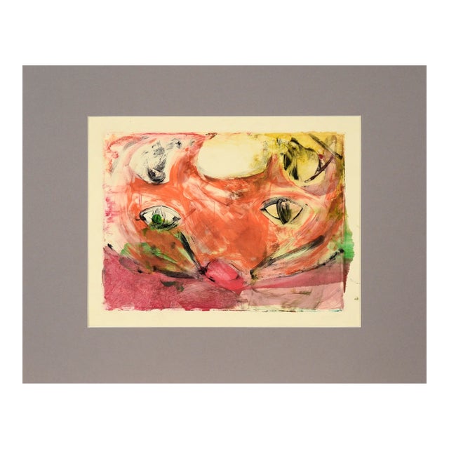 Colorful Cat Face - Transfer Monotype in Water Based Ink on Paper by Heather Speck For Sale