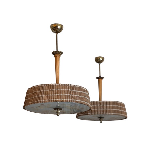 Pendant Lights attributed to Paavo Tynell with Hand-Painted Glass Diffusers attributed to Kyllikki Salmenhaara for Taito Oy, Finland, 1940s, Set of 2 For Sale - Image 10 of 18