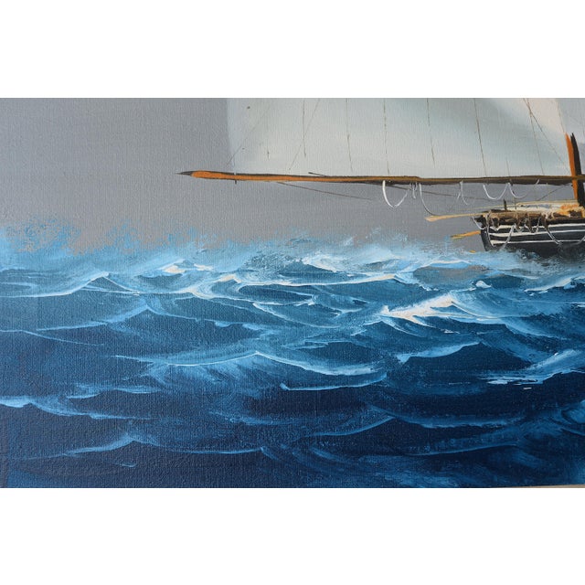 Wood Vintage T. Peter Nautical Schooner Sailing Vessel Oil on Canvas Painting For Sale - Image 7 of 12
