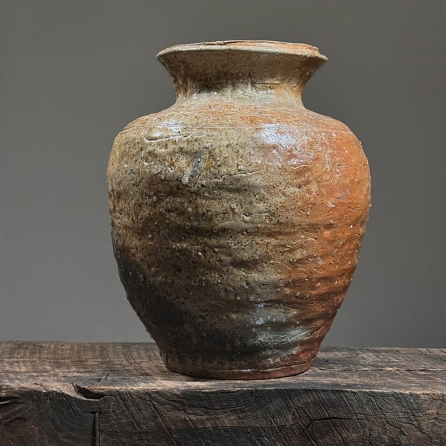 Japanese Antique Large Japanese Shigaraki Natural Ash Stoneware Vessel, Signed For Sale - Image 3 of 12