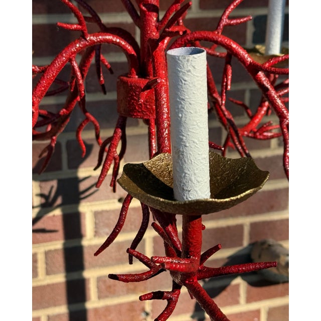 Metal Chic Vintage Late 20th Century Bespoke Turtle and Crane Palm Beach Regency Hand-Glazed Red Faux Coral 5-Light Chandelier - Newly Painted For Sale - Image 7 of 10