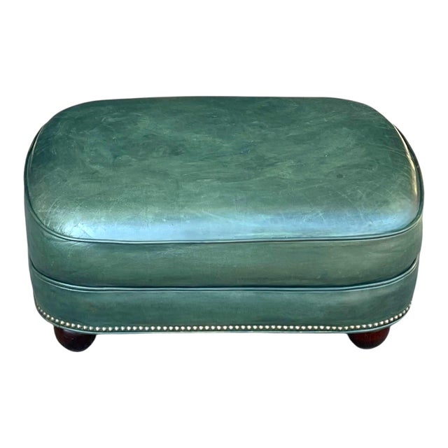 Wood 1960s Classic English Style Green Leather Ottoman With Nailhead Trim and Bun Feet For Sale - Image 7 of 8