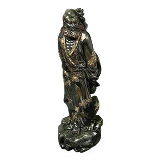 Chinese Art Large Carved Dark Green Soapstone Bodhidharma Statue For Sale