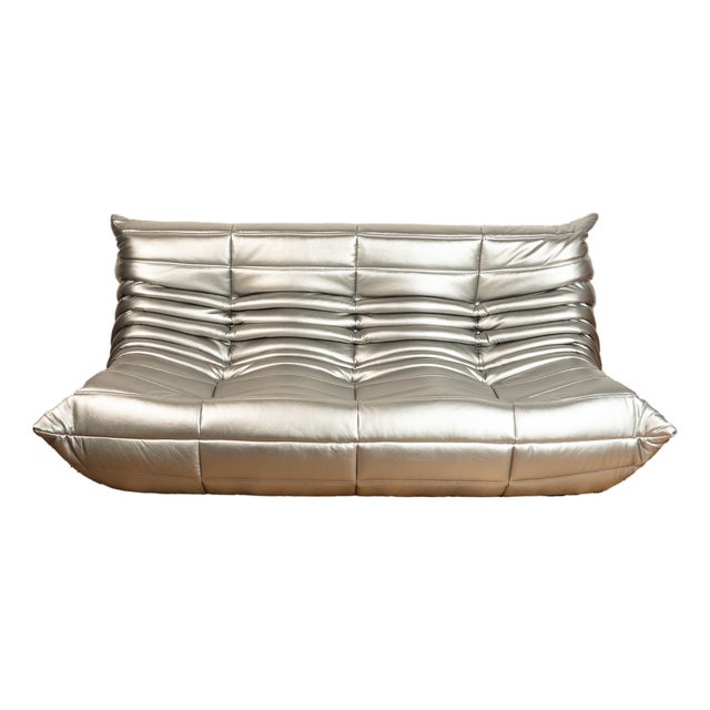Togo Three-Seater Sofa in Silver Leather by Michel Ducaroy for Ligne Roset, 1970 For Sale