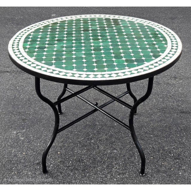 Moroccan 40" Handcrafted Hunter Green and White Moroccan Mosaic Table For Sale - Image 3 of 7