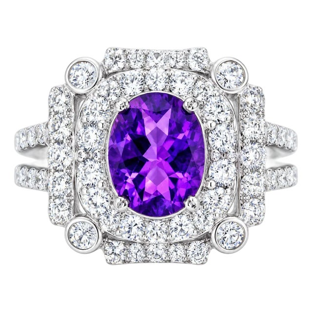 1970s 18K White Gold Diamond Amethyst Filigree Engagement Ring Estate, Size 7.75 For Sale