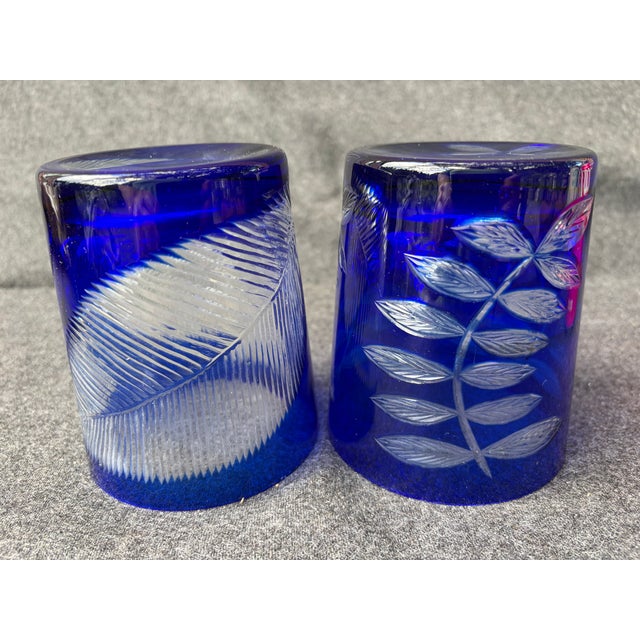 Glass Mid 20th Century Bohemia Cut to Clear Cobalt Etched Tumblers Glasses a Pair For Sale - Image 7 of 15