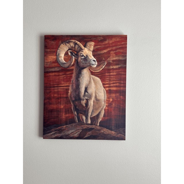 Figurative Crowned by the Wild by Terra Novak | Oil on wood of a ram against a wooden background For Sale - Image 3 of 4