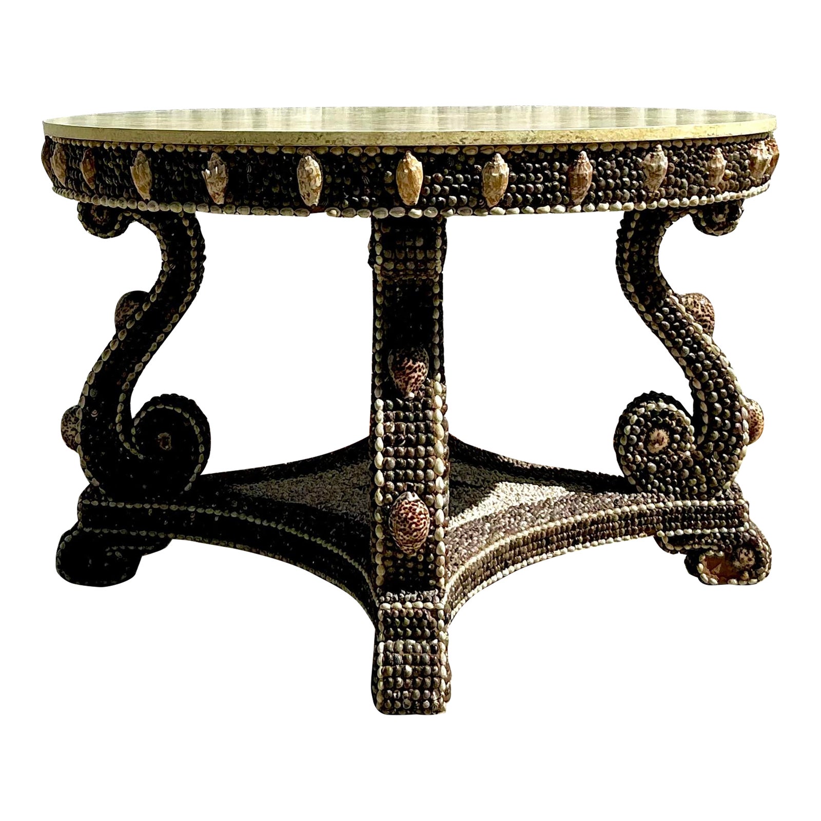 Vintage Coastal Shell Encrusted Center Hall Table | Chairish