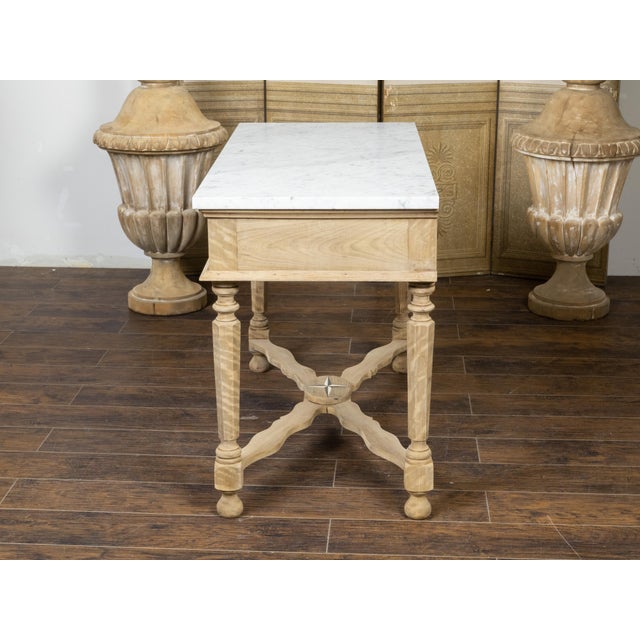 Wood 19th Century, Bleached Walnut Console Table with White Marble Top, Faceted Legs For Sale - Image 7 of 12
