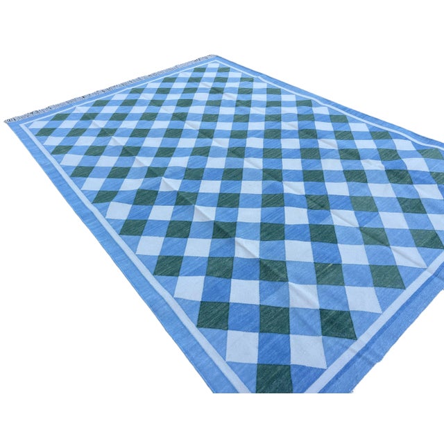 Textile Handmade Cotton Area Rug, Forest Green, Sky Blue and Cream Small Checked Dhurrie - 9'x12' For Sale - Image 7 of 13