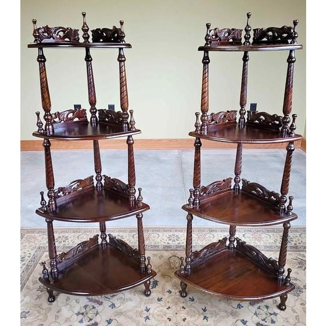 Brown Vintage Pair of Mahogany Victorian Corner Four Tiered Shelf For Sale - Image 8 of 8