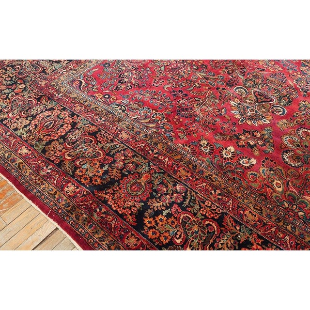 1920s Red Floral Antique Persian Sarouk Carpet 13' 8" X 14' Knotted Wool Rug For Sale - Image 9 of 11