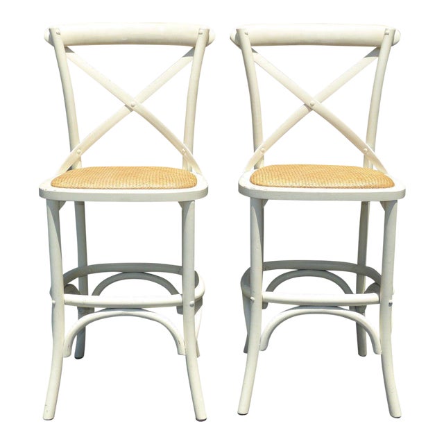 Vintage French Country White Rye Seat Bar Stools A Pair Chairish