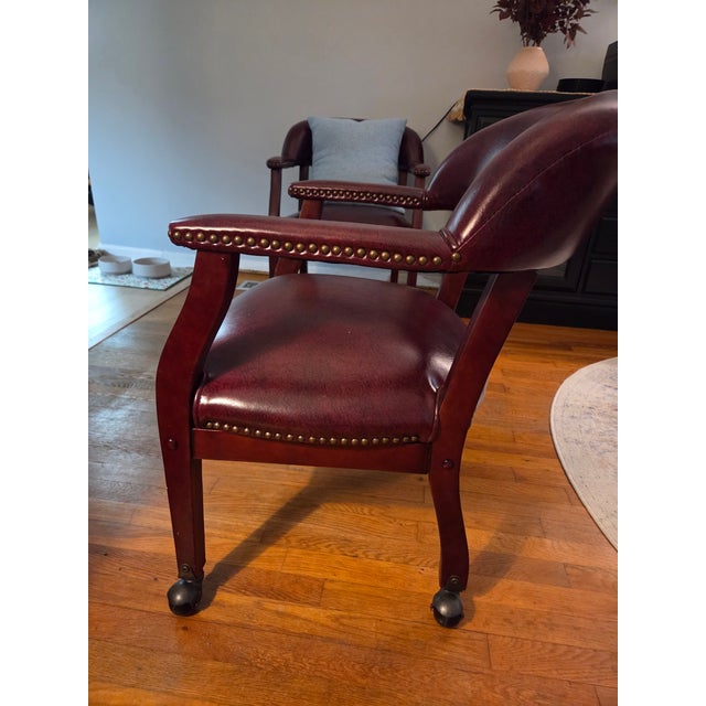 1990s Burgundy Leathersoft Office Chair With Nail Accent on Casters for Mobility For Sale - Image 5 of 6