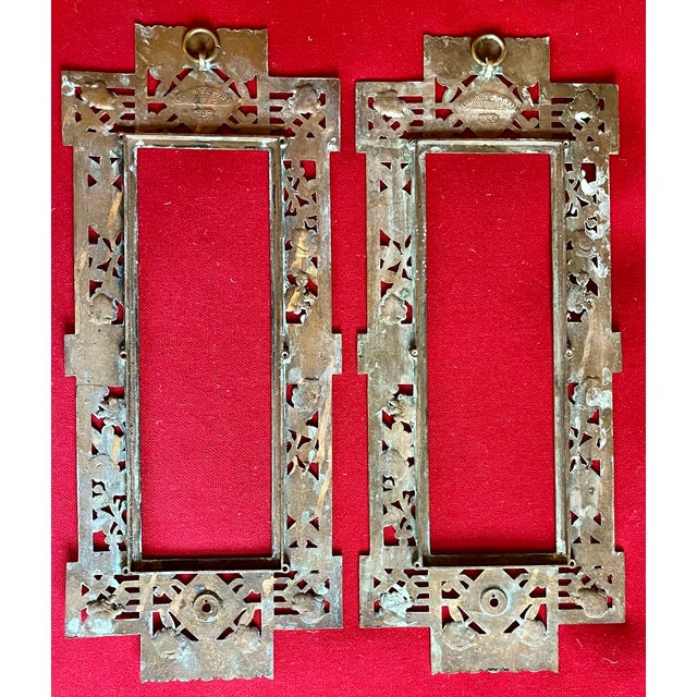 Metal Antique 19th Century Aesthetic Movement Brass Architectural Grills or Picture Frames for Mirrors Dated 1883 - A Pair For Sale - Image 7 of 14