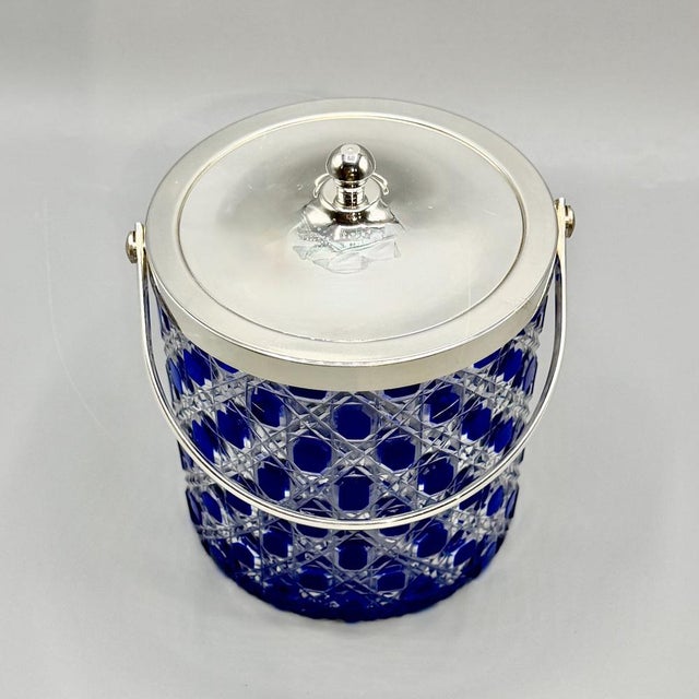 Mid-Century Modern Mid-Century Modern Cobalt Blue Overlay Cut Crystal Biscuit Barrel with Silver-Plated Mount, 1950s For Sale - Image 3 of 18