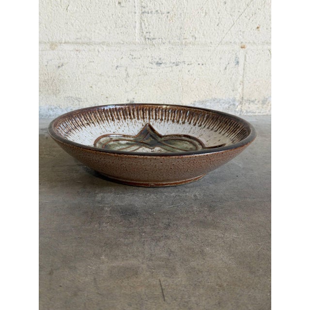 Stoneware Deep Fruit Bowl Brown Green Geometric Ceramic Decorative Basin 1960s For Sale - Image 4 of 10