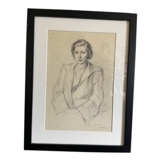 Vintage Pencil Drawing Portrait of Woman Signed Lewis Dated 1944 For Sale