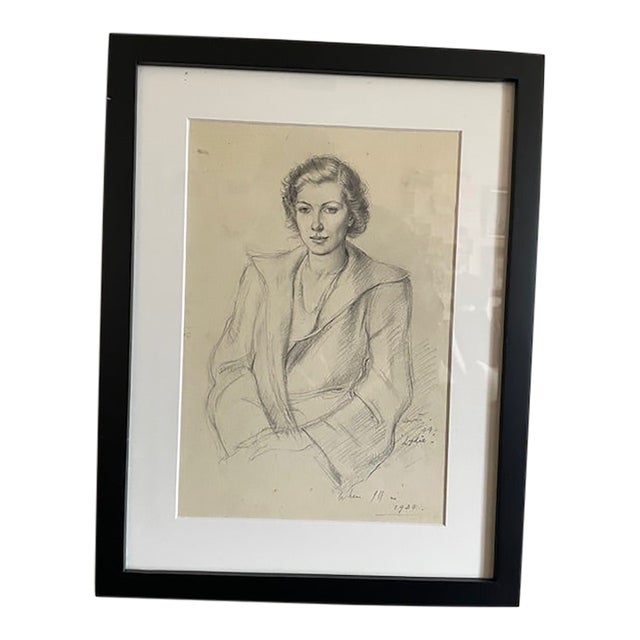 Vintage Pencil Drawing Portrait of Woman Signed Lewis Dated 1944 For Sale