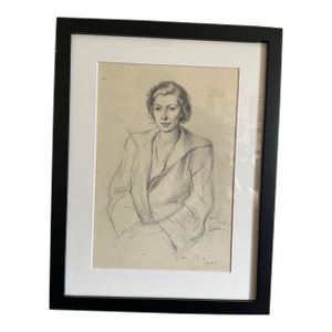 Vintage Pencil Drawing Portrait of Woman Signed Lewis Dated 1944