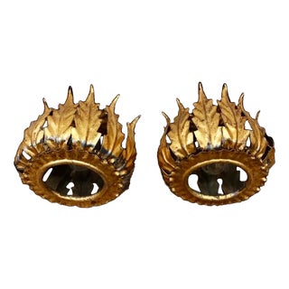 Spanish Crown Sunburst Wall Lights in Gilt Metal, 1950, Set of 2 For Sale