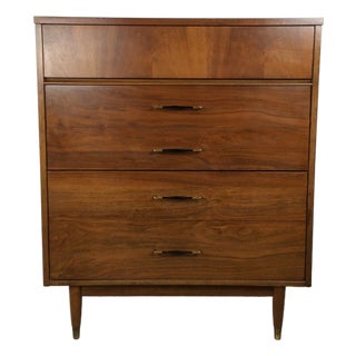 Mid Century Modern Four Drawer Highboy Dresser With Brass Hardware For Sale