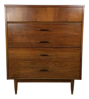 Mid Century Modern Four Drawer Highboy Dresser With Brass Hardware