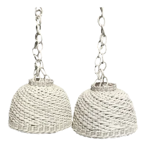 Vintage 1970s White Wicker Pendant Lamp Pair