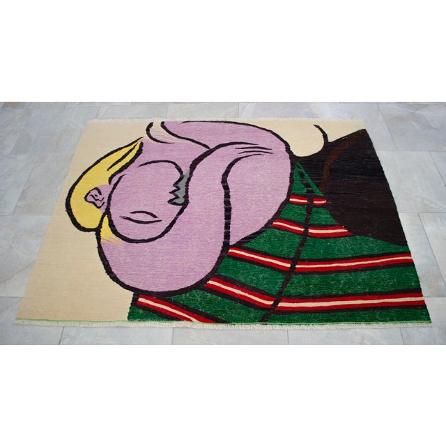 Yellow Pablo Picasso - Woman With Yellow Hair - Inspired Hand Woven Area Rug - Wall Rug , Wool 3′9″ × 5′ For Sale - Image 8 of 18