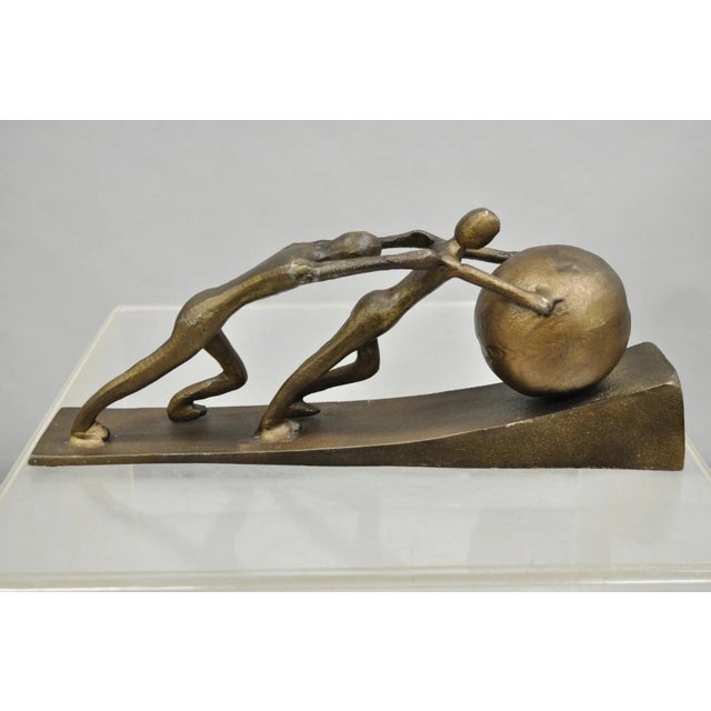 Gold Modern Abstract Brutalist Cast Metal Sculpture Figures Pushing Boulder Up Hill For Sale - Image 8 of 10