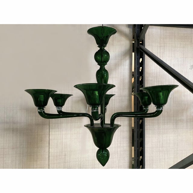 2020s Contemporary Murano Glass Chandelier in Decò Style Decorated in Translucent Dark Green Color For Sale - Image 5 of 5