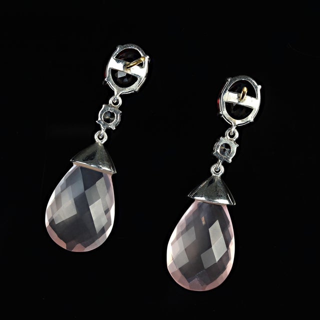 Ajd Romantic Rose Quartz and Garnet in Sterling Silver Earrings, A Pair For Sale - Image 4 of 4