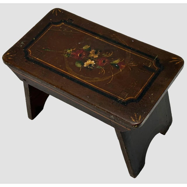 Antique Hand Made American Victorian Folk Art Wood Fireside Footstool With Hand Oil Painted Flowers & Features For Sale - Image 13 of 13