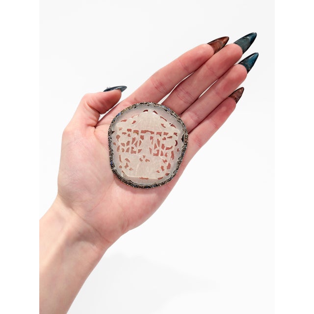 Chinese Vintage Chinese Silver, Carved Jade, and Enamel Brooch For Sale - Image 3 of 16