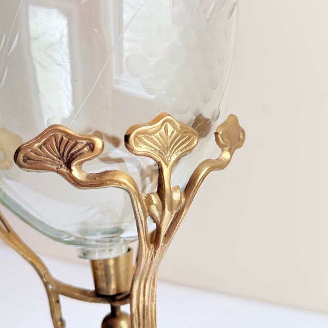 Metal Antique Art Nouveau Brass Tripod Hurricane Candleholder With Etched Glass Shade — Ginkgo & Calla Lily Motif, Circa 1900–1910 For Sale - Image 7 of 12