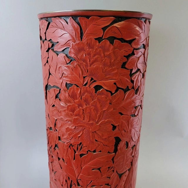 Paint Large Beijing Carved Red Cinnabar-Style Lacquer Floor Vase or Umbrella Stand With Peonies & Pheasant For Sale - Image 7 of 12
